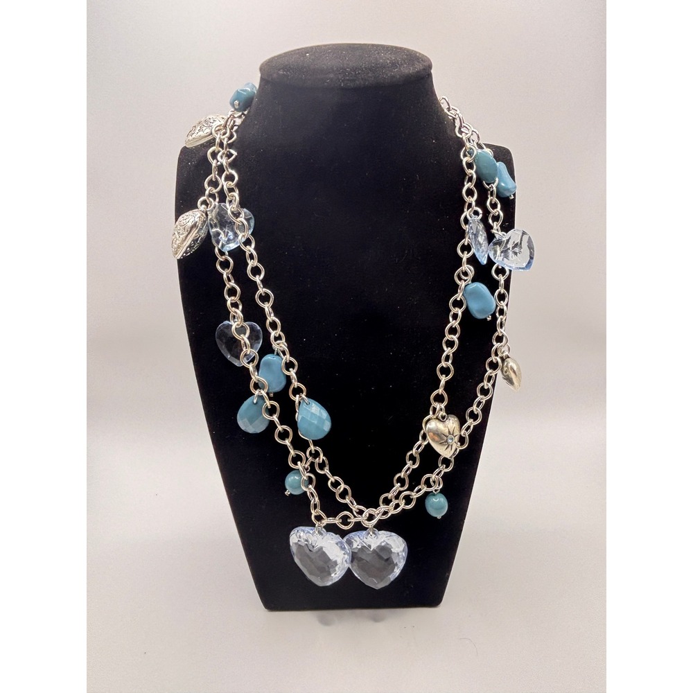 Candies Silver Tone‎ Double Chain Heart Charm Necklace Blue Crystal 19 Inch